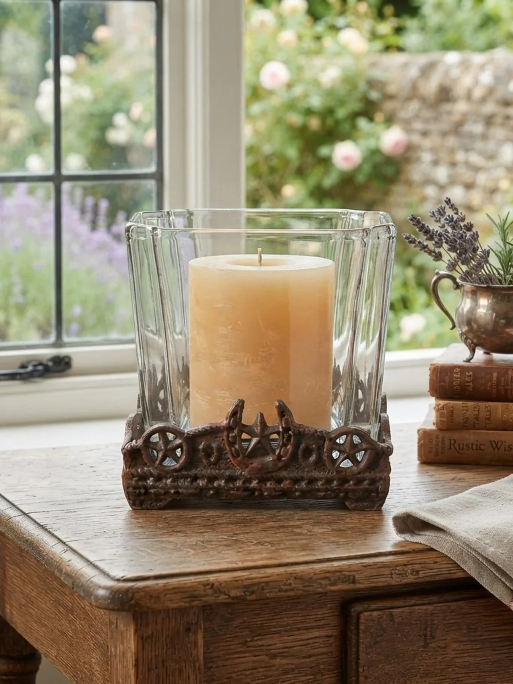 Rustic Brown Cast Iron & Clear Glass Western Candle Holder - Unbranded